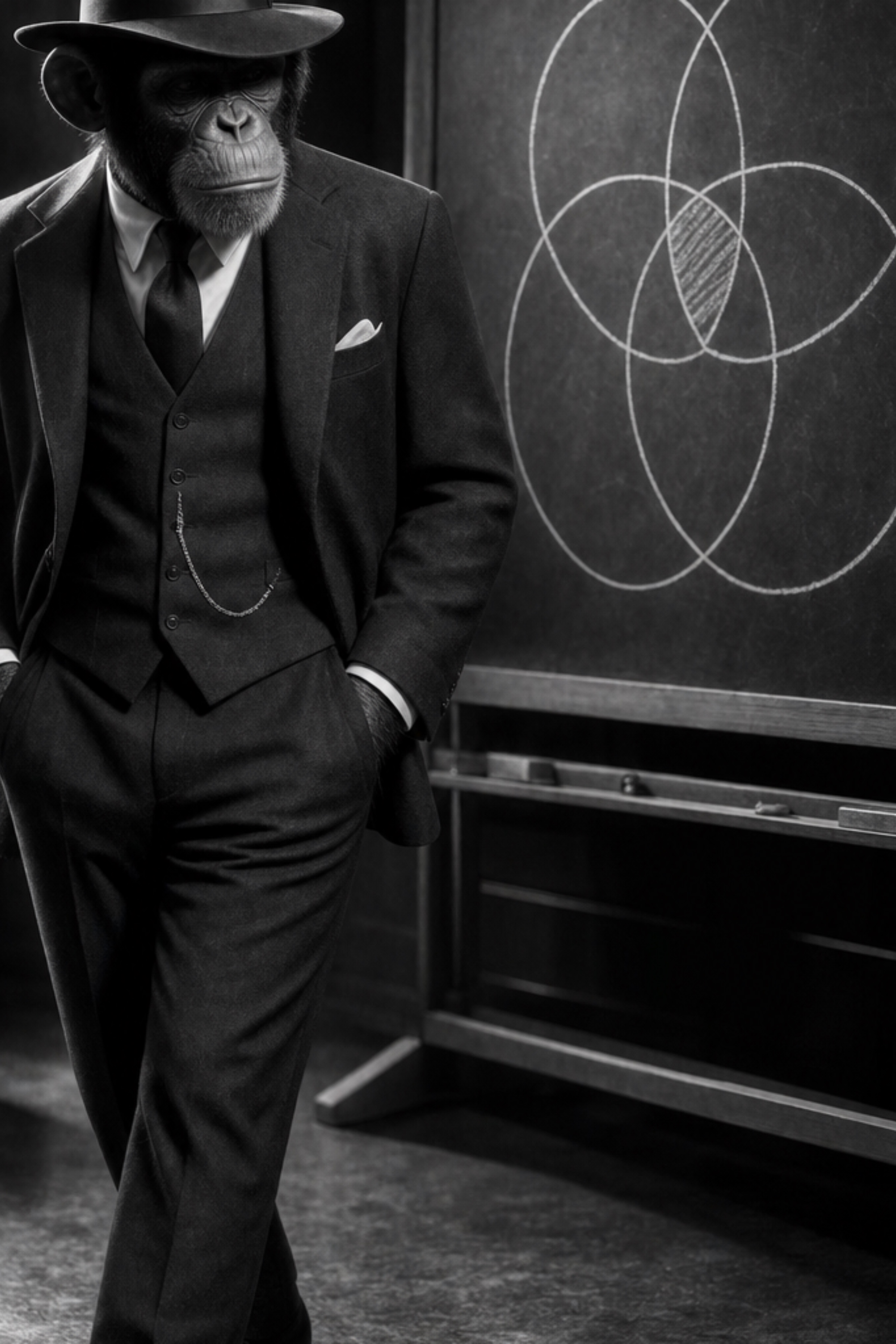 Mr. Pixels in a suit and hat beside a chalkboard with an overlapping-circle strategy diagram
